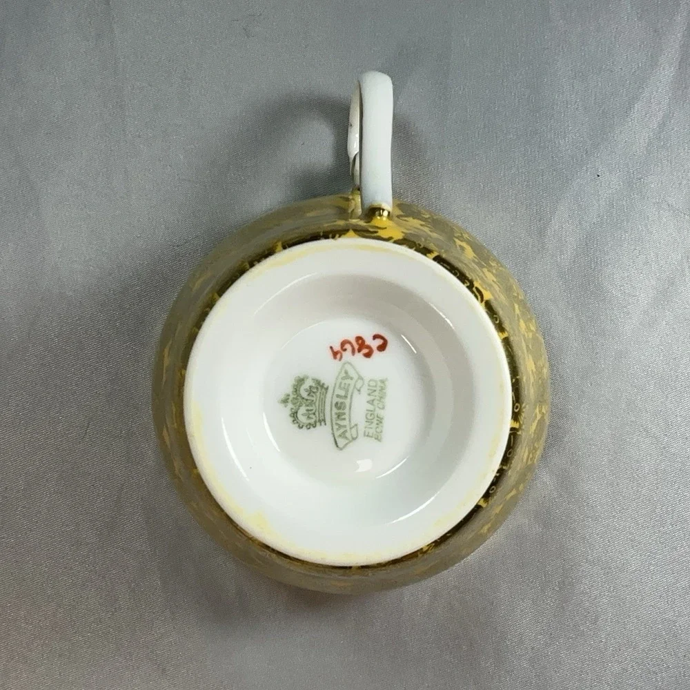 Rare Aynsley Teacup Saucer Mustard Yellow‎ Heavy Gold Scroll England Vtg C869
